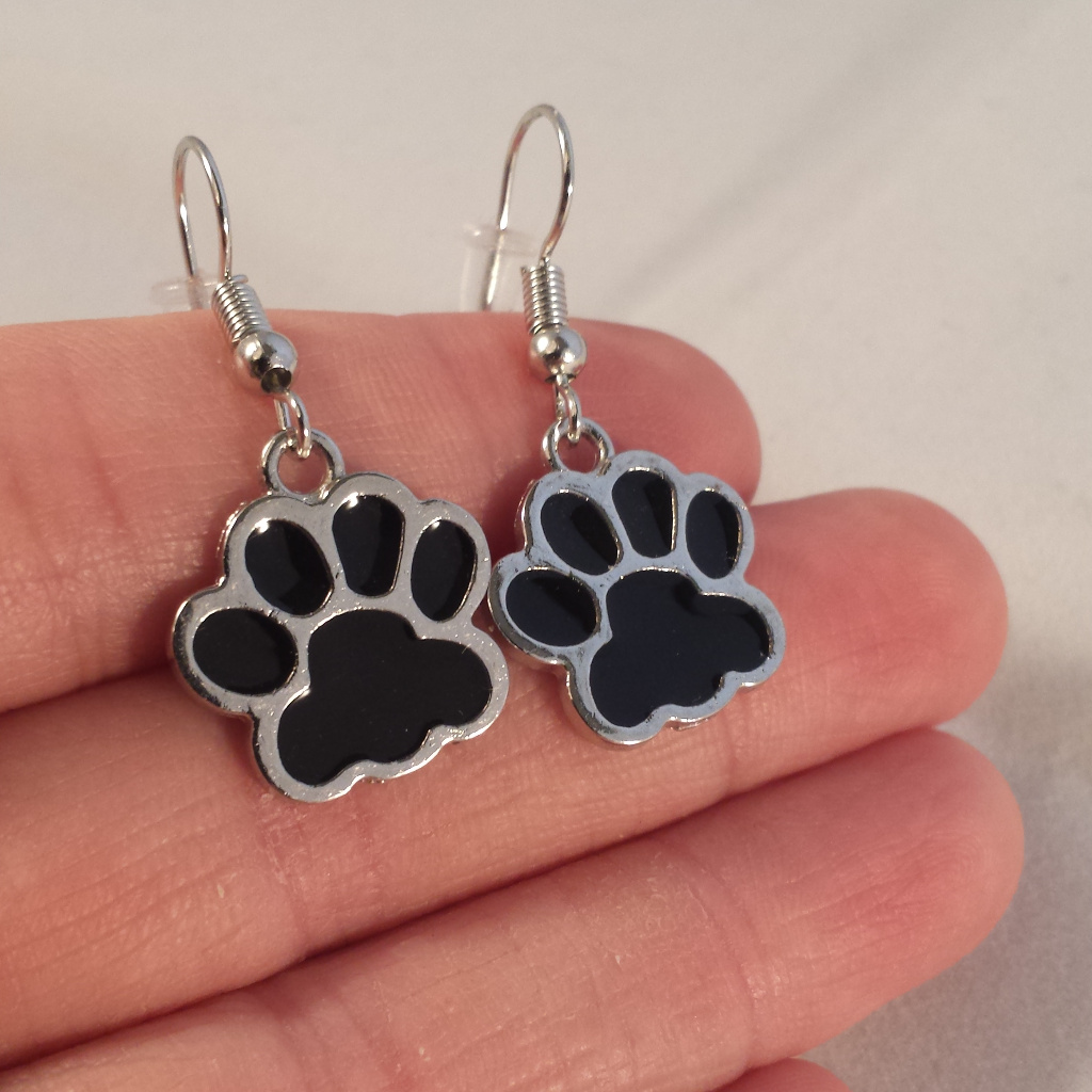 Silver Black Cat Dog Paw Earrings Hypoallergenic H